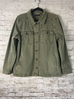 Dear John Women's Medium Utility Jacket Olive Green Denim Pockets Button Front M